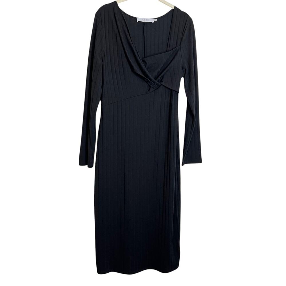 ASTR the Label Ribbed Wrap Sweater Dress Womens XL Black Long Sleeve Midi